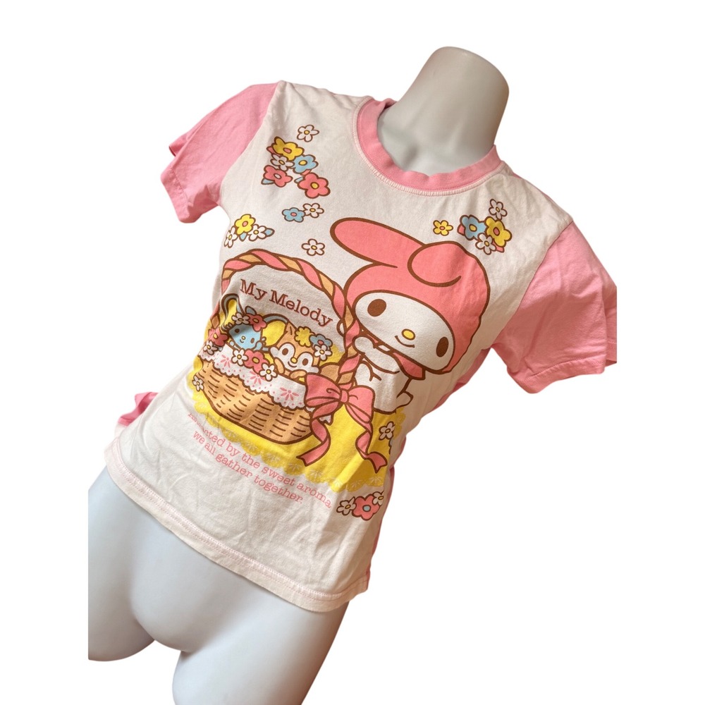 Sanrio My Melody Graphic Ringer T-Shirt Pink & White Kawaii Size 120